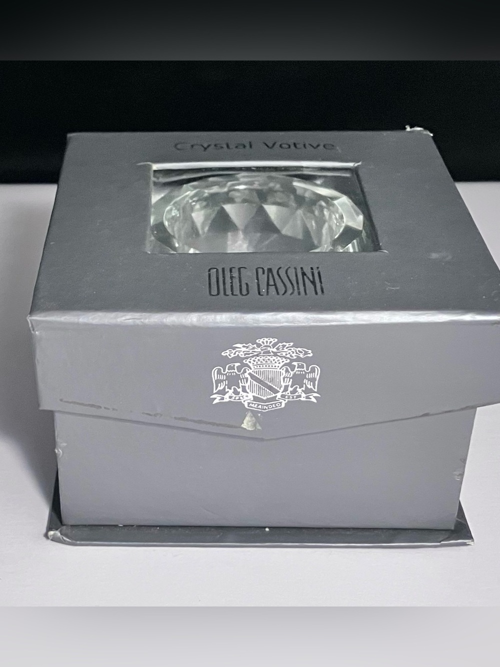 OLEG CASSINI Cut Ball CRYSTAL VOTIVE Candleholder / ORIGINAL BOX & Papers / 3in. - Picture 7 of 12
